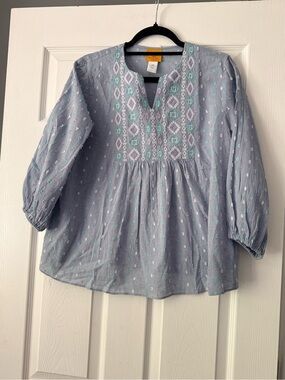 Ruby Rd. Petite Light Blue Top with Aqua Polka Dots